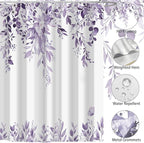 Eucalyptus Shower Curtain, Light Purple Watercolor Leaves with Floral Botanical Bathroom Decor, Waterproof Fabric Bath Curtain Set with Hooks, 72x84 Inches