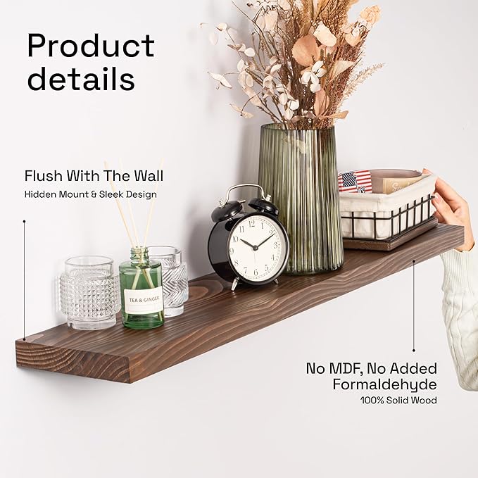 BAOBAB WORKSHOP Solid Wood Floating Shelves for Wall 36 Inches Long, Heavy Duty Wall Shelf for Bedroom 36 Inch Large, Real Wooden Bathroom Shelf Kitchen Rustic, Walnut Shelves, 36W × 6.7D, Set of 2
