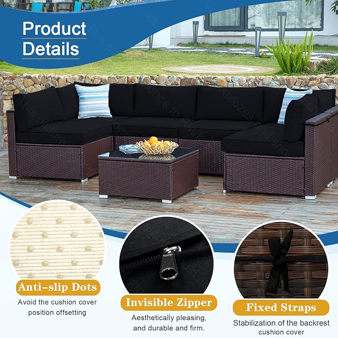14 PCs Patio Cushion Covers for 7 PCs Outdoor Furniture Sectional Seating Sets Water Resistant Plus 2 Throw Pillows (Black, 24.8(L)*24.8(W)*3.14(T) inches)
