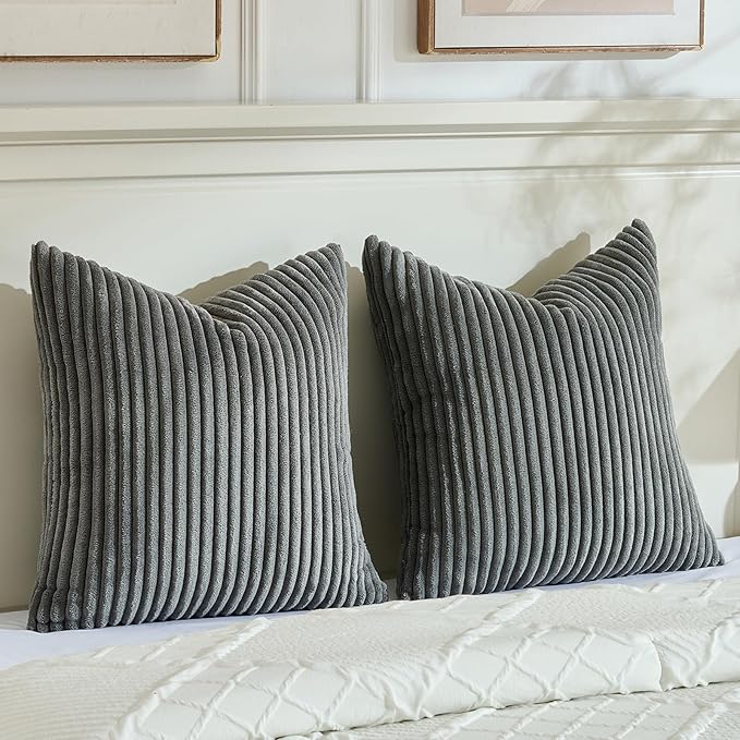 Fancy Homi Set of 2 Dark Gray Boho Decorative Throw Pillow Covers 24x24 Inch for Couch Bed Sofa, Aesthetic Modern Bohemian Room Decor, Soft Fuzzy Fluffy Cozy Corduroy Textured Cushion Case 60x60cm
