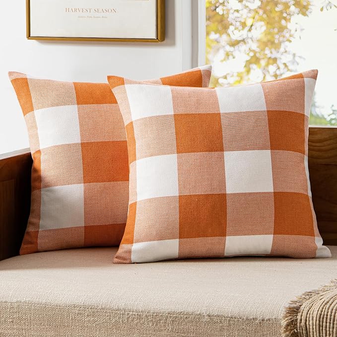 MIULEE Pack of 2 Fall Throw Pillow Covers Classic Farmhouse Buffalo Check Plaids Linen Soft Solid Orange and White Decorative Home Decor Cushion Case for Sofa Bedroom 22 x 22 Inch 55 x 55 cm