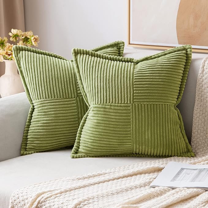MIULEE Decorative Throw Pillow Covers for Couch Bed Livingroom 18x18 Inch Set of 2 Green Boho Accent Throw Pllows Broadside Striped Patchwork Soft Corduroy Summer Pillowcases