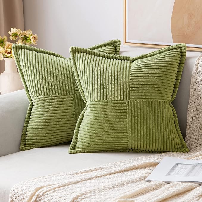 MIULEE Green Corduroy Decorative Euro Sham Pillow Covers 24x24 Inch with Splicing Set of 2 Soft Boho Pillow Covers Broadside Textured Summer Pillowcases for Couch Bed Livingroom