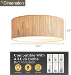 WINGBO 15.7" Modern 3-Light Flush Mount Ceiling Light Fixture with Fabric & Acrylic Double Drum Shade for Bedroom Living Room Dining Room Hallway Entryway, Wood Grain