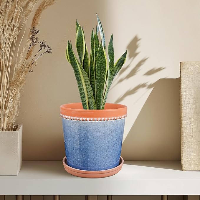 6 Inch Plant Pots, Ceramic Pots for Plants with Drainage Hole and Saucer,Modern Flower Pots Indoor/Outdoor Pot for Plants,Set of 2 - Crackle Glaze Blue