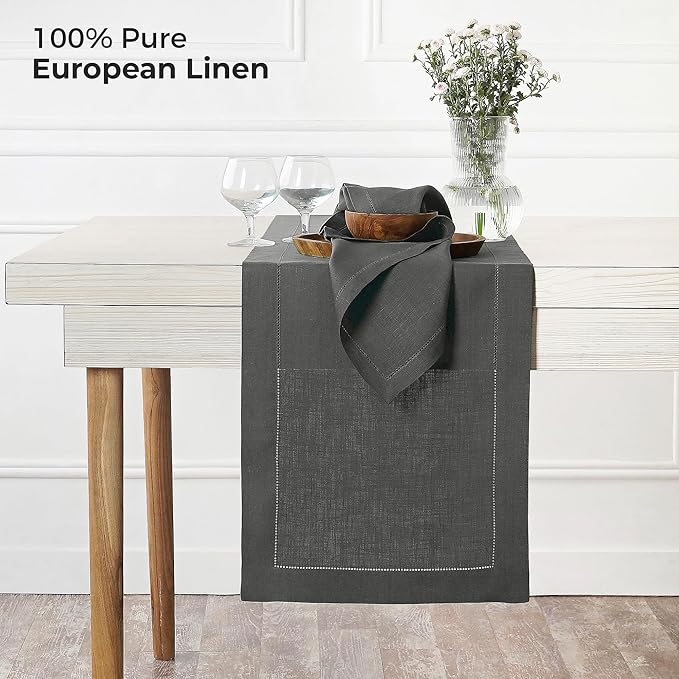 D'Moksha Homes Linen Charcoal Grey Table Runner 132 Inches Long - 100% Pure Linen Extra Long Table Runner 14 x 132 Inch for Fall, Autumn and Halloween - Classic Hemstitch