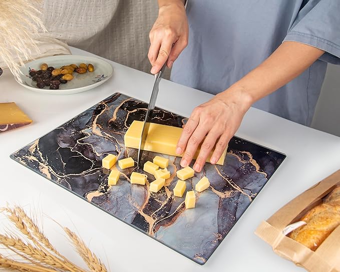 Glass Cutting Board 16"x12": Tempered Glass Kitchen Counter Protector - Durable- Scratch-Resistant, Heat-Proof - Design 8 - Grey & Gold