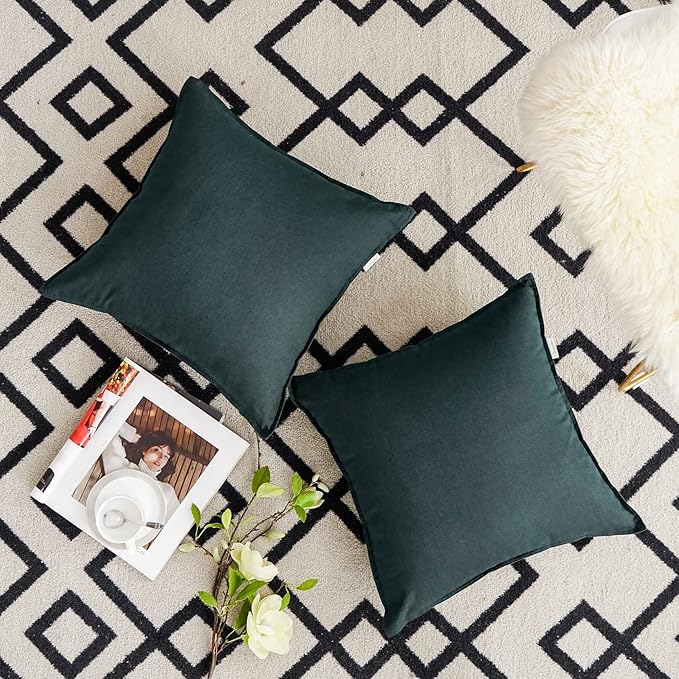 Jeanerlor Pack of 2 24 x 24 Inch Cotton Linen Soft Soild Decorative Square Throw Pillow Covers Green Cushion Case Set for Bedroom/Sofa/Car 60 x 60 cm, Dark Green