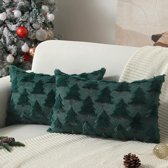 Christmas Pillow Covers 12x20 inch Set of 2 Xmas Decorations Soft Plush Faux Fur Wool Green Christmas Tree Throw Pillow Cases Winter Holiday Decor for Sofa Living Room PT-002A12