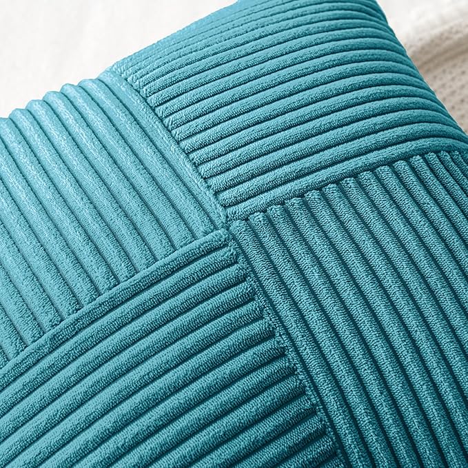 MIULEE Teal Corduroy Pillow Covers Pack of 2 Boho Decorative Spliced Throw Pillow Covers Soft Solid Couch Pillowcases Cross Patchwork Textured Cushion Covers for Living Room Bed Sofa 18x18 inch