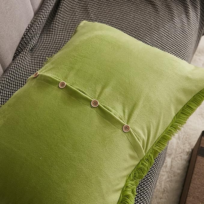 WERDIM Shaggy Fluffy Faux Fur Pillowcases 2 Pack Button Closure Velvet Pillow Shams Standard/Queen Size (Apple Green, 20 X 26 Inches)