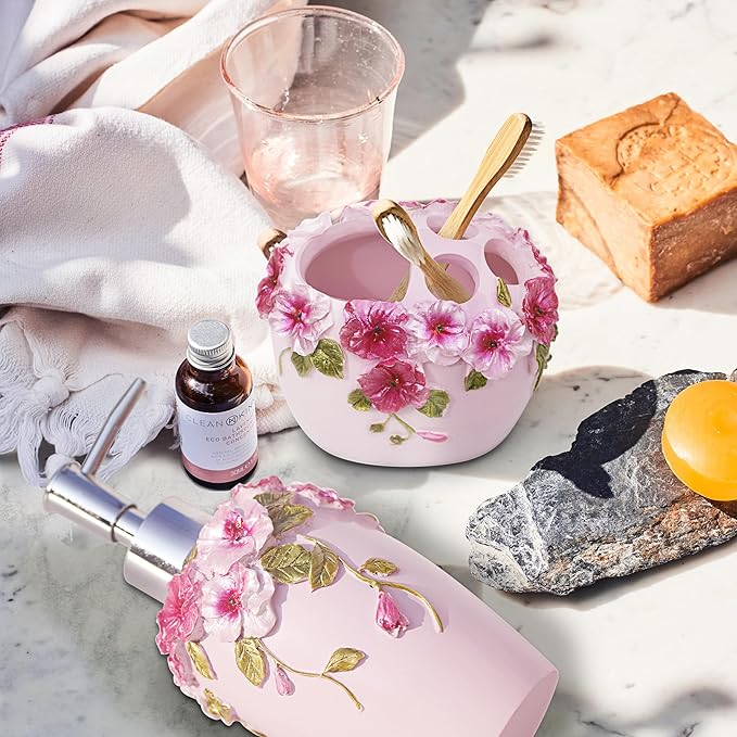LUANT Pink 5 Pieces Bathroom Accessories Set, Bathroom Set Features, Soap Dispenser, Toothbrush Holder, Tumbler and Soap Dish - Girl Bathroom Gift Set with Blossom Flower