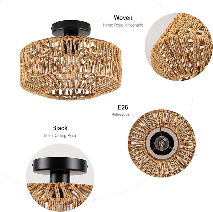 MAYNA 11.8" Rattan Ceiling Light Fixture, Hand-Woven Boho Light Fixtures Ceiling Mount, Mini Rattan Chandelier Light Fixture for Farmhouse Hallway Bedroom Kitchen Entryway, Bulb NOT Included