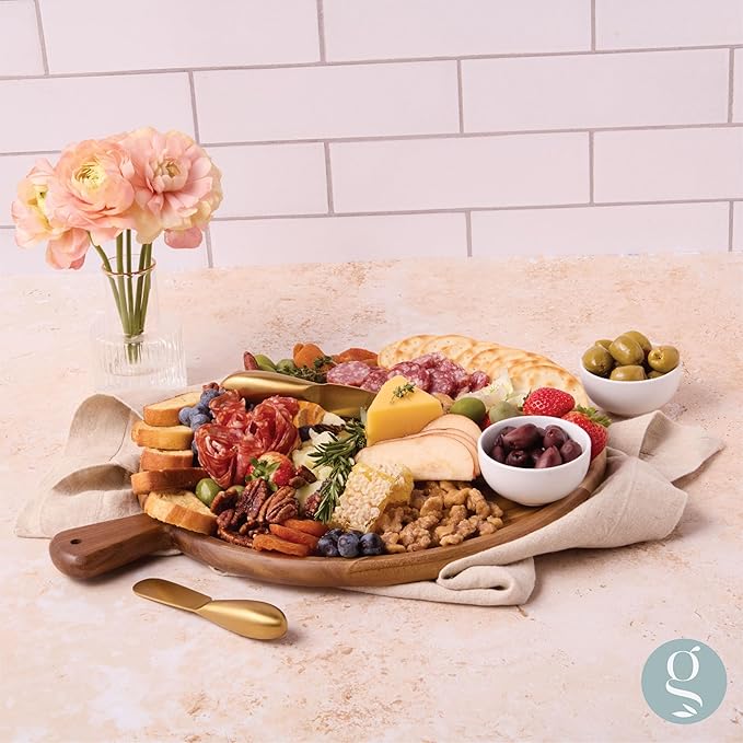 Charcuterie Board - Round Acacia Wood Cutting Board for Kitchen with Groove & Handle, Cheese Board for Vegetables, Bread, Fruits, Meat - Decorative Wooden Serving Tray House Warming Gift