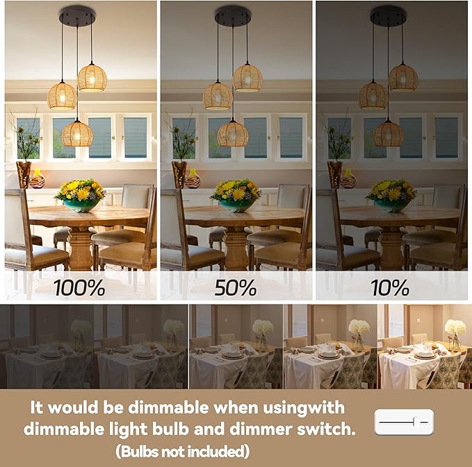 3-Light Mini Hemp Rope Woven Pendant Light Kitchen Island,3 Dome Hand Woven Boho Rattan Chandelier Farmhouse Wicker Ceiling Light,rustic Light Fixture For Living Room Hallway Dining Room(Bulb Incl.