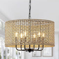 20" Rattan Hand-Woven Boho Wicker Chandelier - 6-Light Drum Farmhouse Oversized Vintage Pendant Light Fixture for Dining Room, Kitchen Island, Entryway (Black)