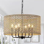 20" Rattan Hand-Woven Boho Wicker Chandelier - 6-Light Drum Farmhouse Oversized Vintage Pendant Light Fixture for Dining Room, Kitchen Island, Entryway (Black)