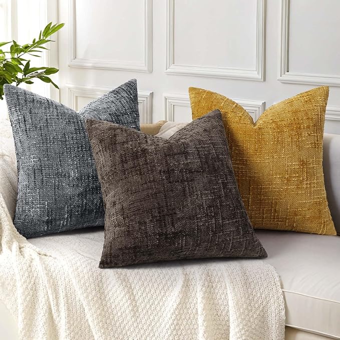 decorUhome Dark Grey Chenille Throw Pillow Covers 16x16 Set of 2 Thick Textured Slubby Couch Pillow Covers Farmhouse Accent Modern Neutral Decorative Pillow Cases for Bed Sofa Living Room