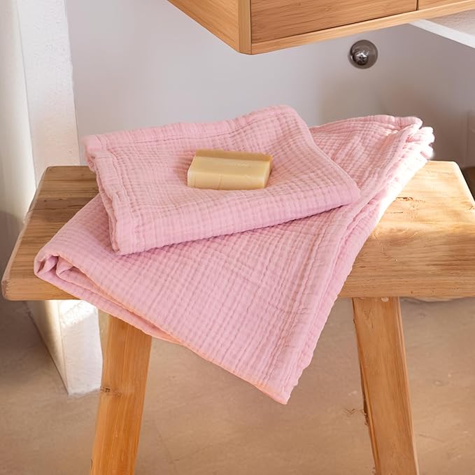 Ultra Soft Muslin Towel Adult Set, 100% Turkish Cotton 4-Layer 2 Pieces Luxury Muslin Hand & Bath Towels Sets for Bathroom (Light Pink, 1 Bath & 1 Hand Towel Set)