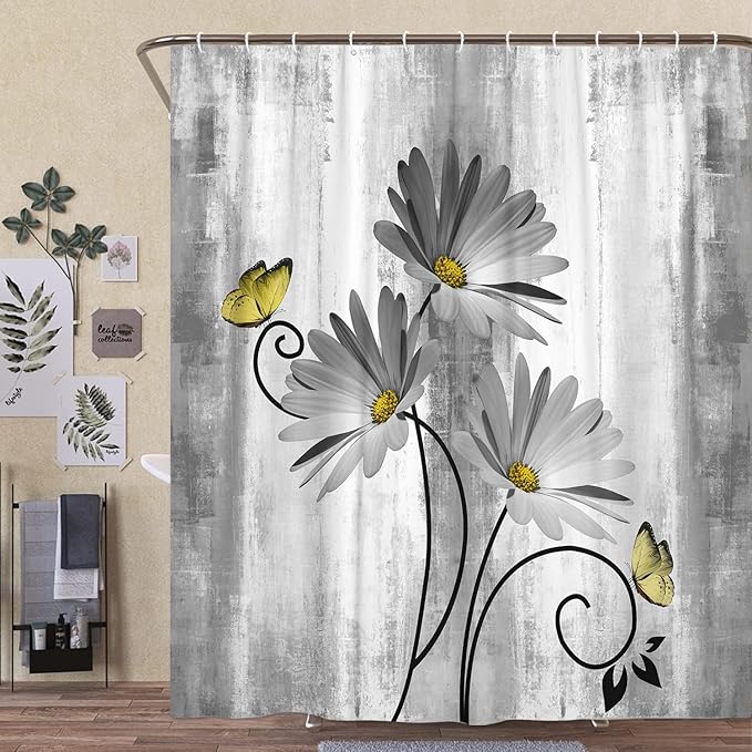 Rustic Farmhouse Shower Curtain, Farm Gray Daisy Floral Flowers and Butterfly on Country Wooden Shower Curtain for Bathroom, 70X84IN with 12PCS Hooks