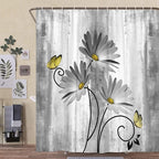 Rustic Farmhouse Shower Curtain, Farm Gray Grey Daisy Floral Flowers and Butterfly on Country Wooden Shower Curtain for Bathroom, Gray White Yellow Shower Curtain with 12PCS Hooks, 70X75IN