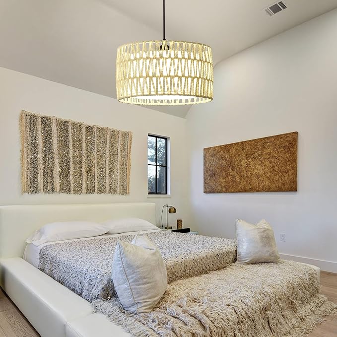 Boho Rattan Chandelier Light Fixture, 1-Lights Farmhouse Pendant Light Hand Woven Chandeliers for Dining Room with Fabric Shade Rustic Chandeliers Hanging Light Fixtures for Kitchen Island