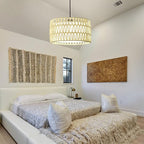 Boho Rattan Chandelier Light Fixture, 1-Lights Farmhouse Pendant Light Hand Woven Chandeliers for Dining Room with Fabric Shade Rustic Chandeliers Hanging Light Fixtures for Kitchen Island