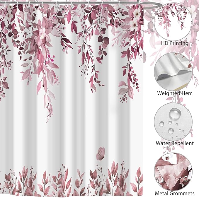 Eucalyptus Shower Curtain, Dark Red Watercolor Leaves with Floral Botanical Bathroom Decor, Waterproof Fabric Bath Curtain Set with Hooks, 72x72 Inches
