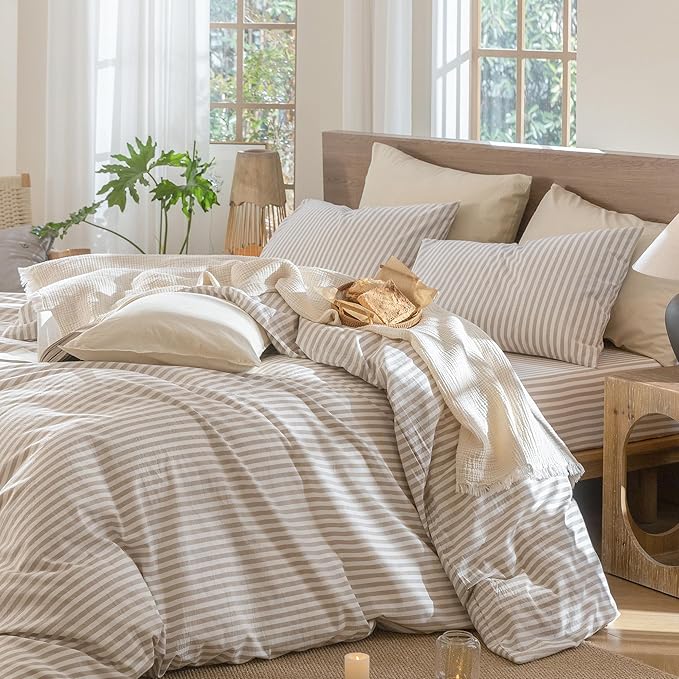 MooMee Striped Duvet Cover Set 100% Washed Cotton Linen Like Textured Breathable Durable Soft Comfy (Tannish Linen Grey White Classic Stripes, Palatial King/Oversized King 120"x98")
