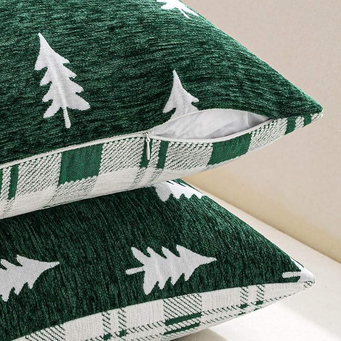 MIULEE Christmas Decorative Chenille Throw Pillow Covers, 18x18 Inch, Green White Tree, Set of 2 Cute Trees with Plaid Patterns Pillows for Sofa Couch Bedroom Chair Xmas Home Decor