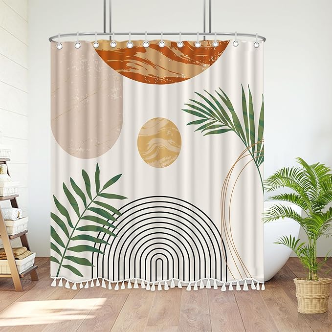Boho Mid Century Leaf Shower Curtain Set,Arch Sun Design,Minimalistic Leaves Pattern,Waterproof and Luxurious Fabric-12 Hooks(Beige-72" x 78")