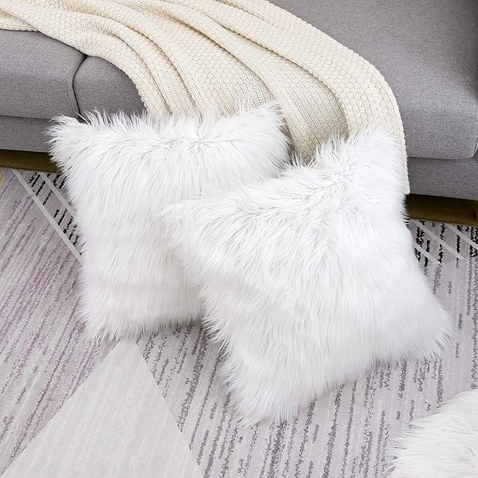WLNUI Set of 2 White Christmas Decorative Fluffy Pillow Covers New Luxury Series Merino Style Faux Fur Throw Pillow Covers Square Fuzzy Cushion Case for Sofa Bedroom Living Room Home Decor 20x20 Inch