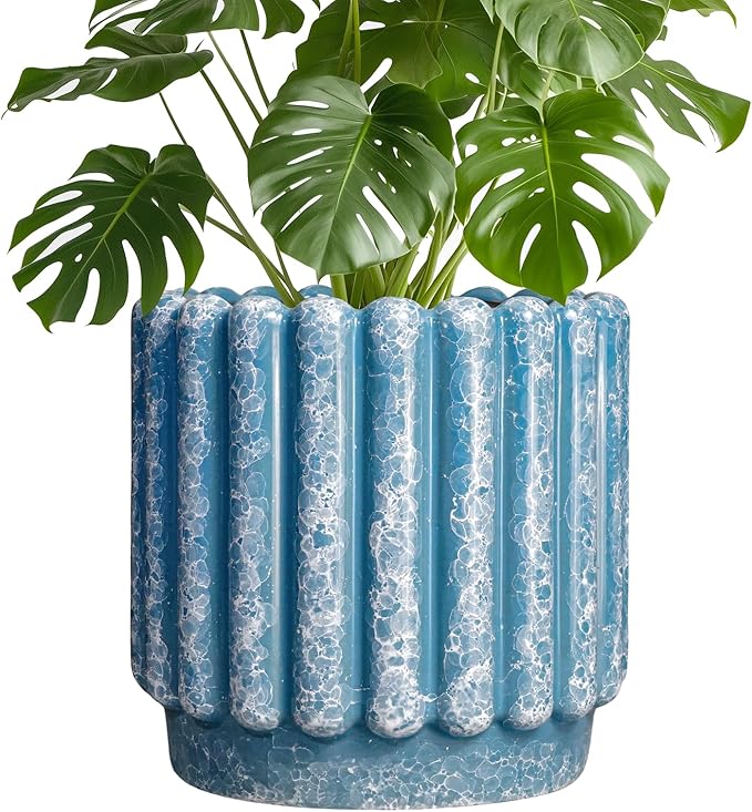 Ceramic Planter for Indoor Plants - 9.6 Inch Ceramic Plant Pots with Drainage Hole, Large Flower Pots Outdoor, Fluted Decorative Round Planter, Front Door Decor, Housewarming Gifts, Blue