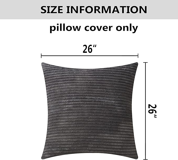 Home Brilliant 2 Pack Super Soft Striped Corduroy 26x26 Pillow Covers Decorative Euro Throw Pillow Sham Cushion Covers for Couch, 26 x 26 inch, Dark Grey