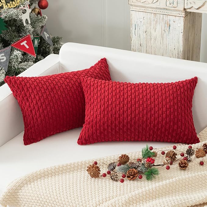 Kevin Textile Christmas Lumbar Throw Pillow Covers Ultra Soft Solid Striped Corduroy Rectangle Pillow Cover for Sofa 12 x 20 inch Burgundy 2 Pieces