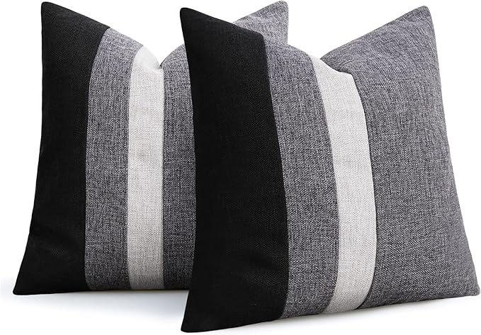 Adabana Set of 2 Linen Pillow Covers Decor Square Patchwork Throw Pillow Covers 18x18 Inch Farmhouse Cushion Covers Decorative Couch Bedroom Sofa Living Room,Grey