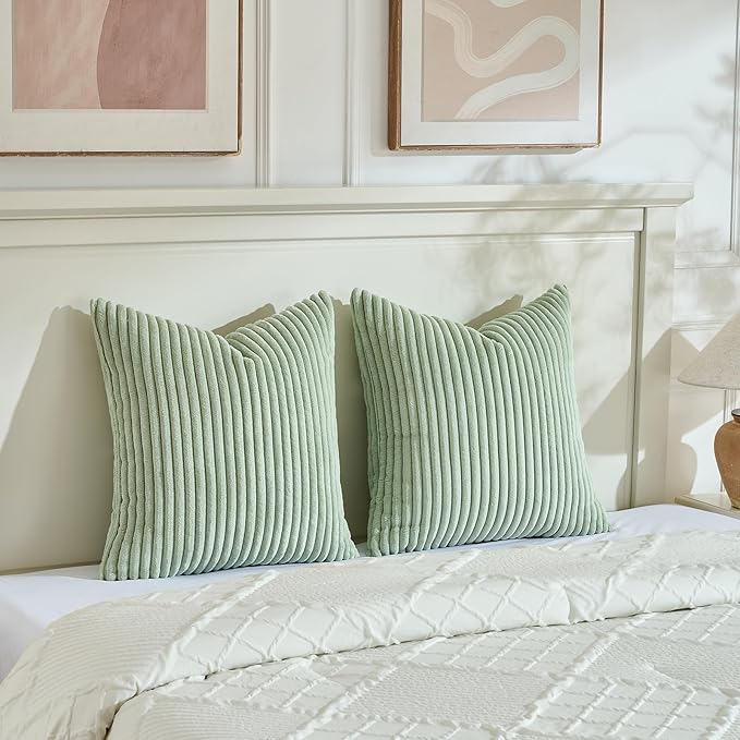 Fancy Homi Set of 2 Sage Green Boho Decorative Throw Pillow Covers 24x24 Inch for Bedroom Couch Bed, Soft Fuzzy Cozy Striped Corduroy Cushion Case, Bohemian Home Decor, Men Women Teen Girls Gift