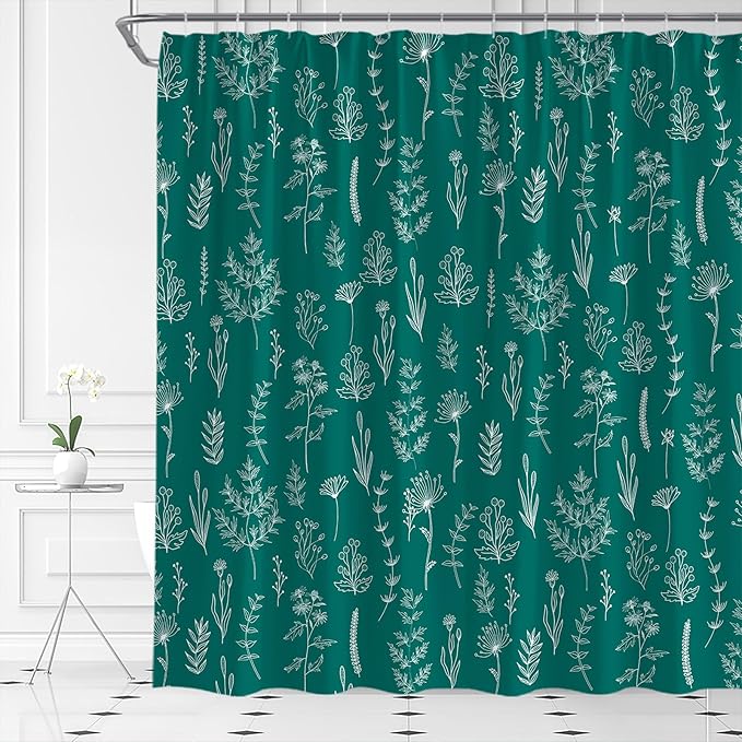 Teal Floral Shower Curtain Rustic Flower Farmhouse Plant Cute Leaves Retro Botanical Vintage Bathroom Curtain Set with Hooks(84" Wx70 H)