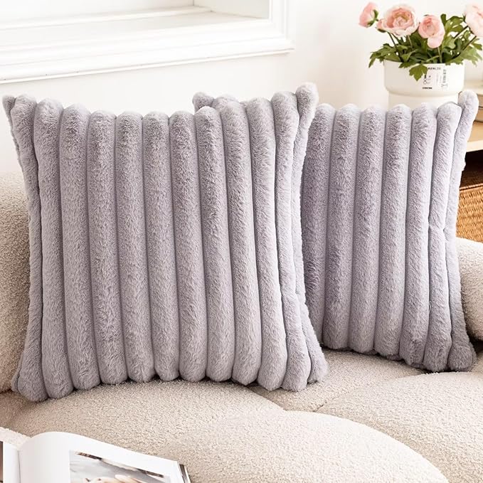 Double-Sided Faux Fur Plush Throw Pillow Covers 20x20 Set of 2 Fuzzy Striped Soft Cozy Pillowcase Luxury Decorative Pillows Square Shaggy Cushion Covers for Couch Sofa Bed,Light Grey