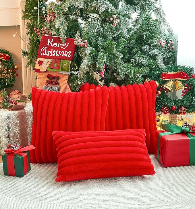 Pack of 2 Christmas Red Pillow Covers 12x20 Inch Decorative Faux Fur Throw Pillow Cover, Soft Lumbar Plush Pillowcases for Couch Sofa Bed Living Room, Fluffy Cute Home Boho Accent Decor