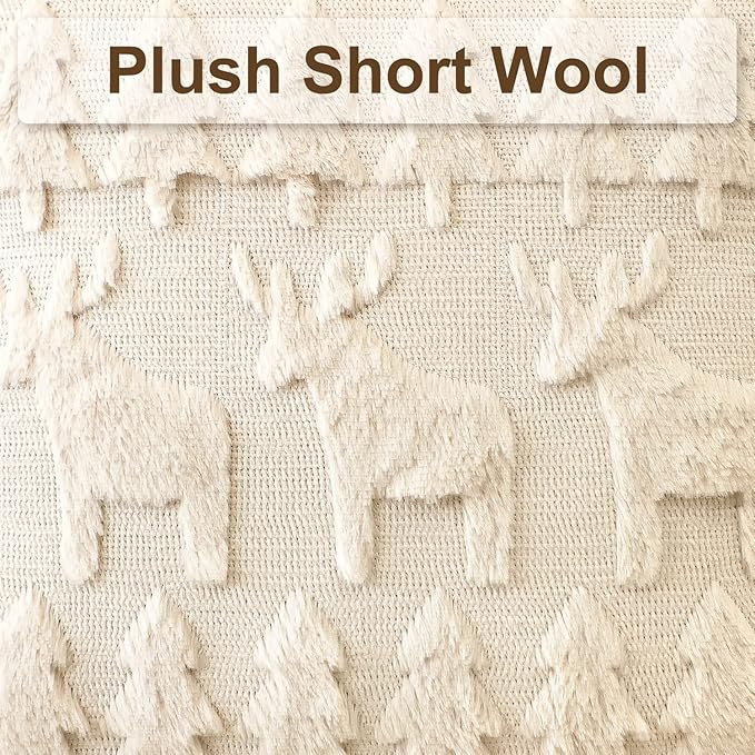 OTOSTAR Set of 2 Xmas Soft Plush Short Wool Velvet Decorative Throw Pillow Covers Square Luxury Style Cushion Case Pillow Shell for Sofa Bedroom Christmas Tree and Elk Cream Beige, 22x22 Inch