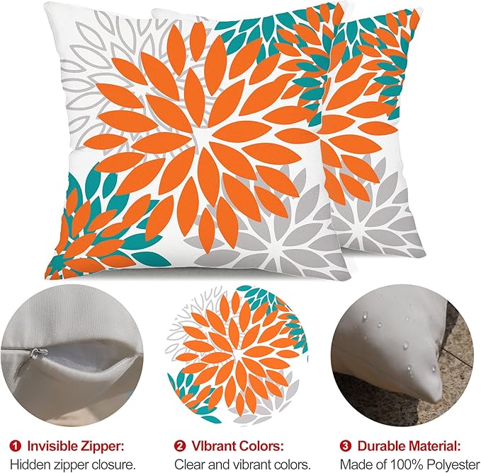 DFXSZ Orange Flower Pillow Covers 16x16 Inch Set of 2 Fall Throw Pillows Outdoor Waterproof Decor for Living Room Sofa Patio Funiture Garden Floral Polyester Pillow Cover 002N16
