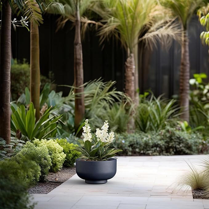 Kante 13.8 Inch Dia Concrete Bowl Planter, Large Tapered Bottom Plant Pot with Drainage, Smooth Charcoal Finish with Warm Brown Interior, Ideal for Porch, Home, Garden, Patio