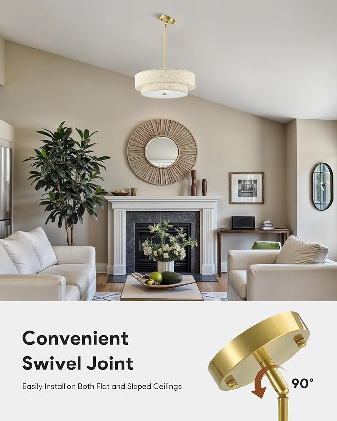 VONLUCE Modern Chandeliers, 18" Drum Chandeliers with 2-Layer Fabric Shade, 4-Light Pendant Light Fixture with E26 Bases, Light Fixture for Dining Room Bedroom Living Room, Linen Shade & Brass Finish