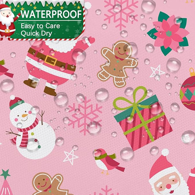 Pink Christmas Shower Curtain, Cartoon Santa Claus Snowman Penguin Pine Fir Tree Socks Xmas Pattern Winter Holiday Shower Curtain Bathroom Decor, Durable Fabric Machine Washable with Hooks, 72 x 72 In