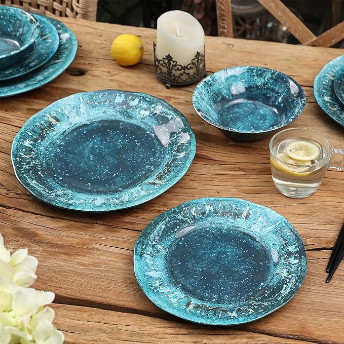 Melamine Dinnerware Sets, Melamine Plates and Bowls Set for 4, Best for Indoor and Outdoor Dining Party, Dishwasher Safe, Volcanic Pattern, Amber Green