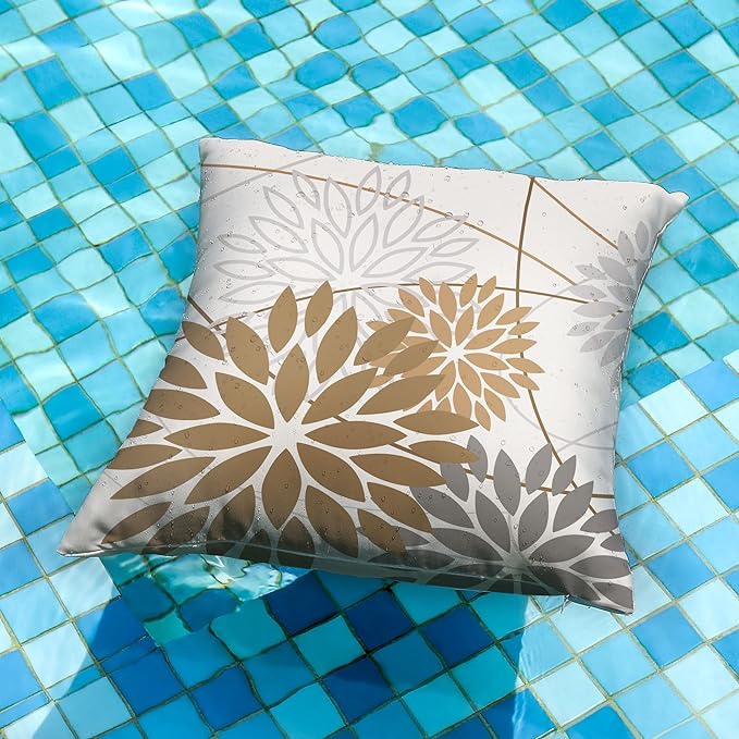 Brown Grey Outdoor Pillow Cover 20X20 Inch Set of 2 Outdoor Waterproof Summer Floral Brown Decorative Pillow case Decor for Couch Patio Funiture Garden Print Polyester Cushion Cover 01E20