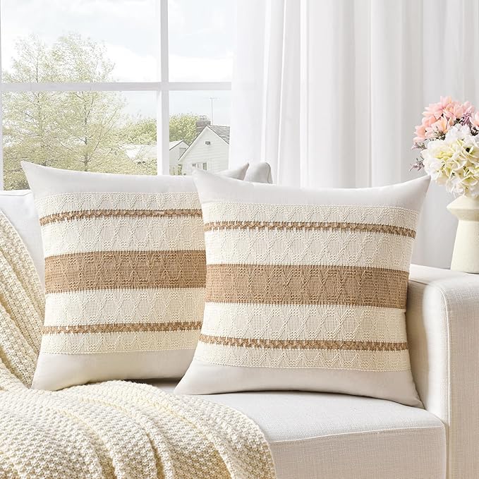 Fancy Homi Set of 1 Boho Neutral Decorative Throw Pillow Cover 22x22 Inch for Couch Bed Sofa, Aesthetic Modern Organic Farmhouse Home Decor, Soft Cotton Cute Accent Macrame Woven Tan Cushion Case