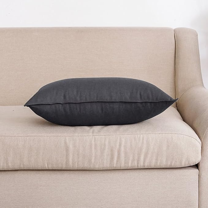 Jeanerlor Natural Cotton Linen Decorative Lumbar Throw Pillow Case Dark Grey Cushion Cover with Twin Needles Stitch on Edge,for Office/Coffee Shop 12"x20" 2 pack