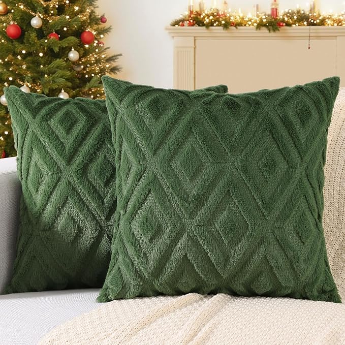 decorUhome Christmas Couch Throw Pillow Covers 22x22 Set of 2, Decorative Soft Plush Faux Wool Neutral Accent Pillow Covers for Bed Sofa Living Room, Forest Elf